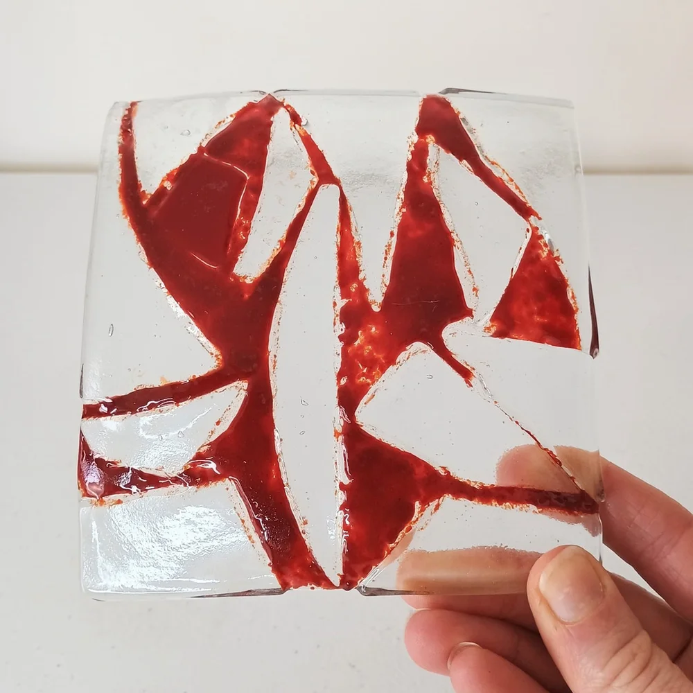 Vintage Red Clear Fuses Glass Trinket Dish Square Geometric 5x5